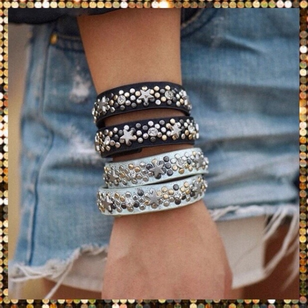 Clearance! Mint green Stars & studs crystal leather edgy boho wrap cuff bracelet